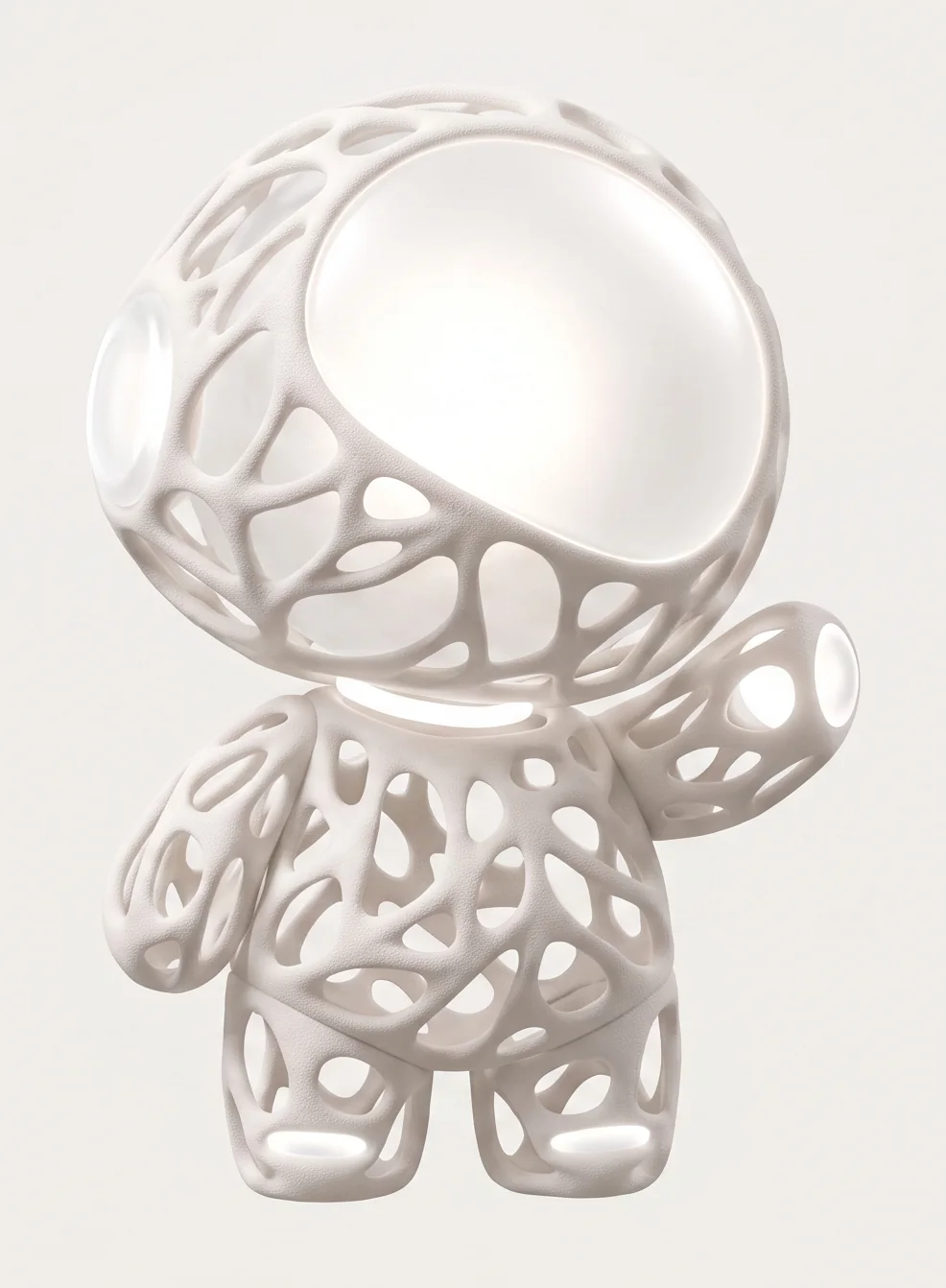 A porous white figure with a glowing head, waving