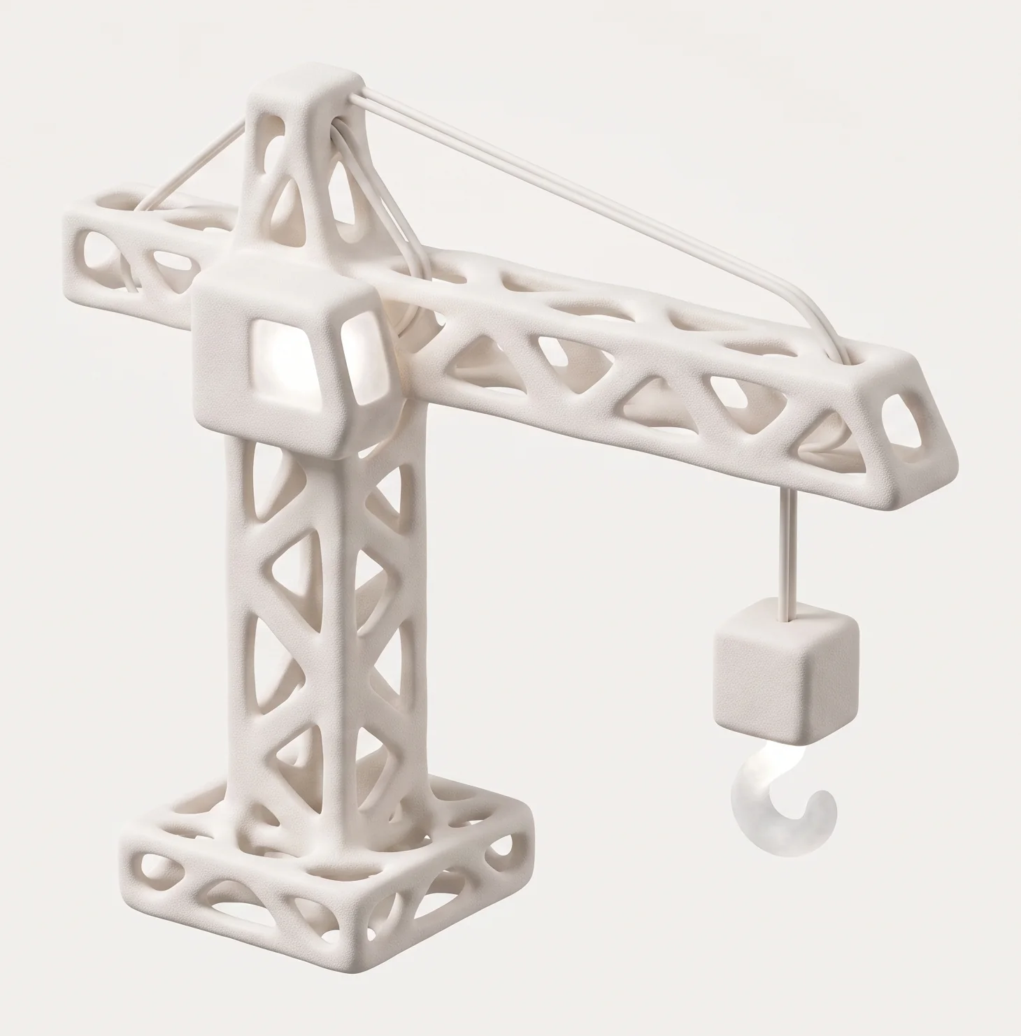 A porous white tower crane lifting a block