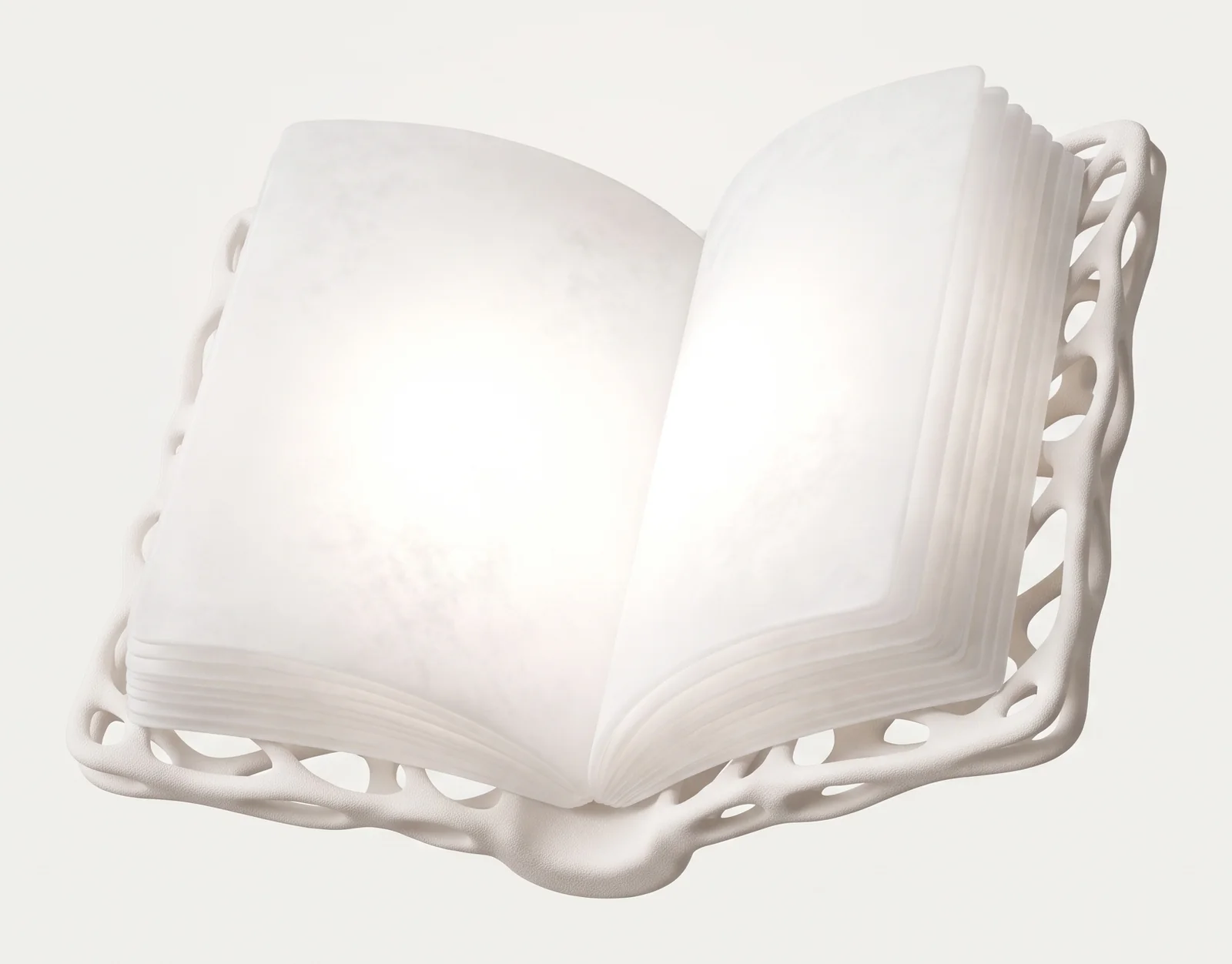 A glowing open book resting in a porous white frame