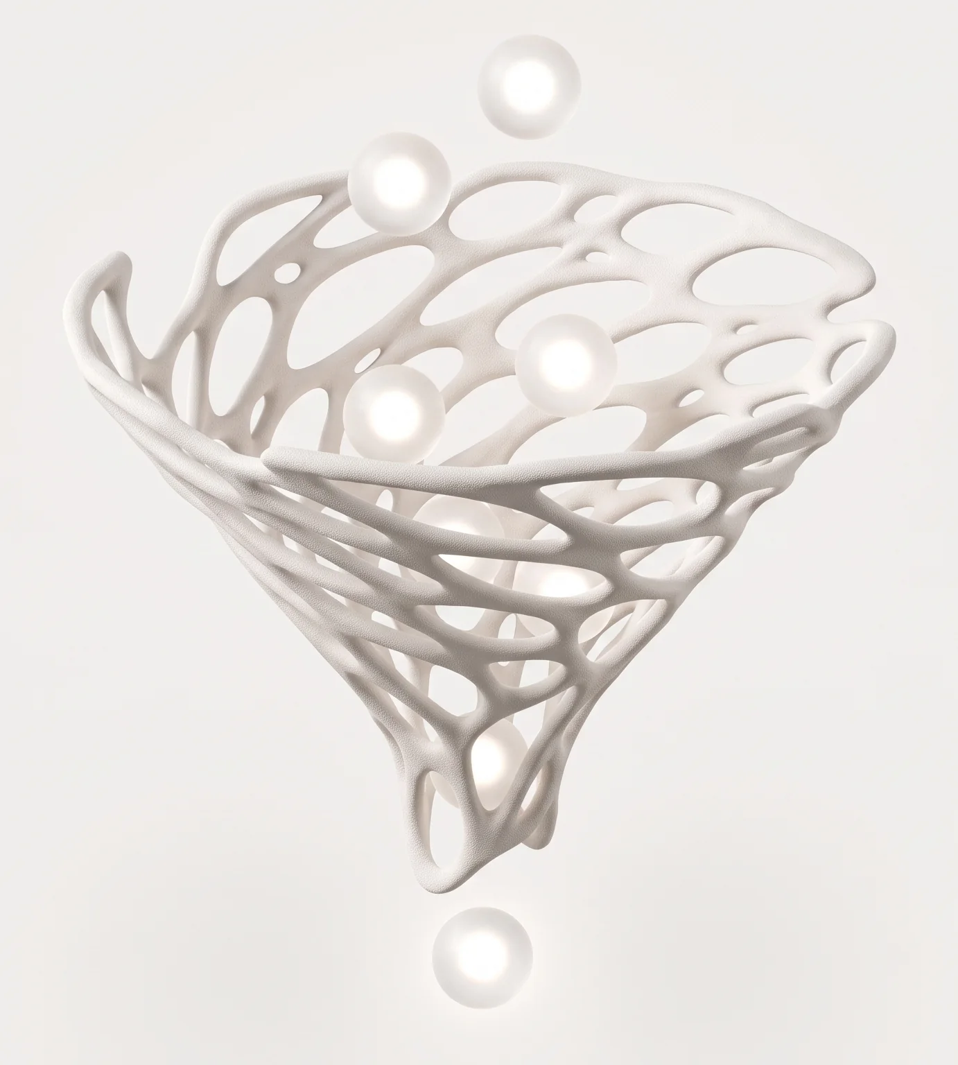 A porous white funnel gathering glowing spheres into a single point